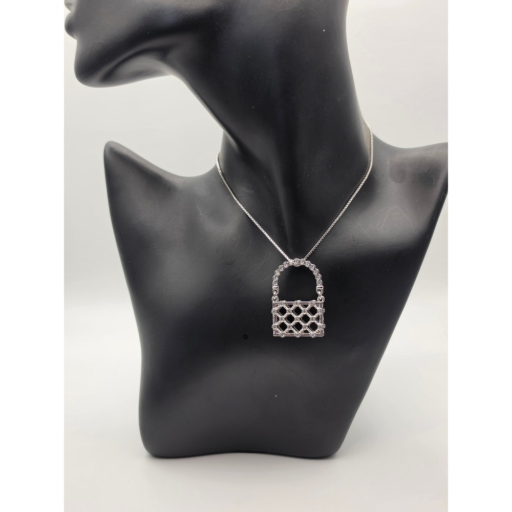 Swarovski Crystal Handbag Purse Pendant Necklace Silver Tone Box Chain Swan Logo